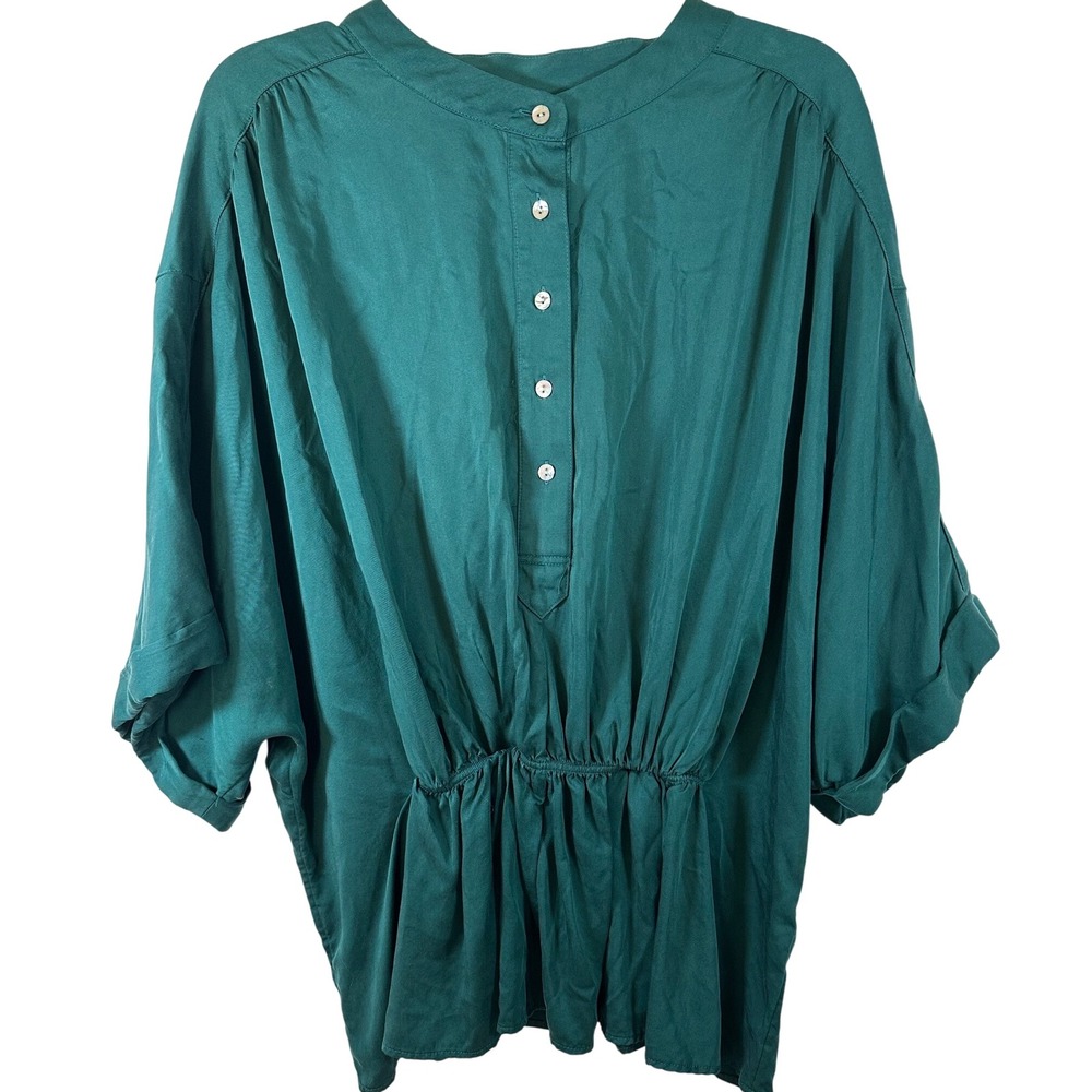 J. Jill Dark Green Modal Rayon Elastic Cinch Waist Henley Blouse XL